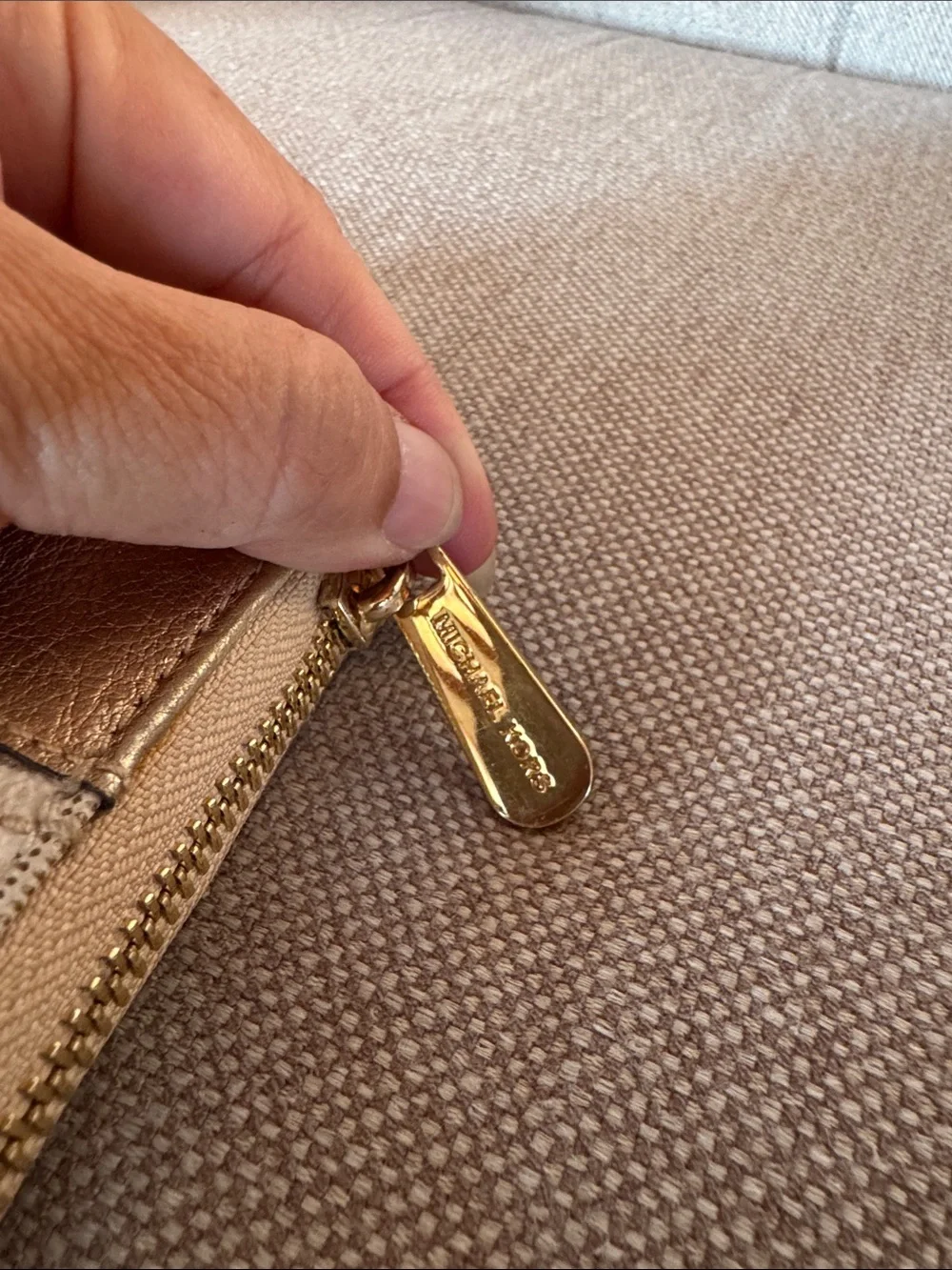 Michael Kors Cream Monogram Zip Wallet with Gold Accents